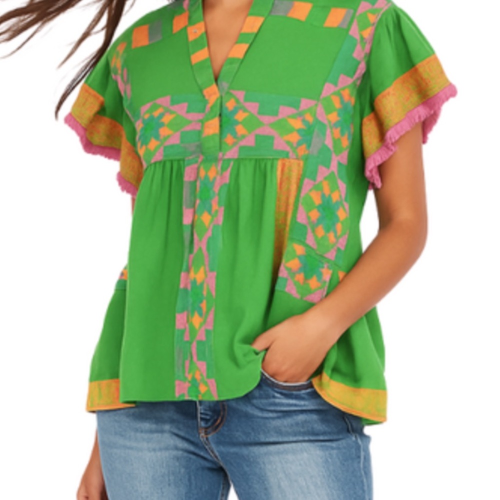 Ivu jane Green Patterned Tunic with Pink & Gold Trim